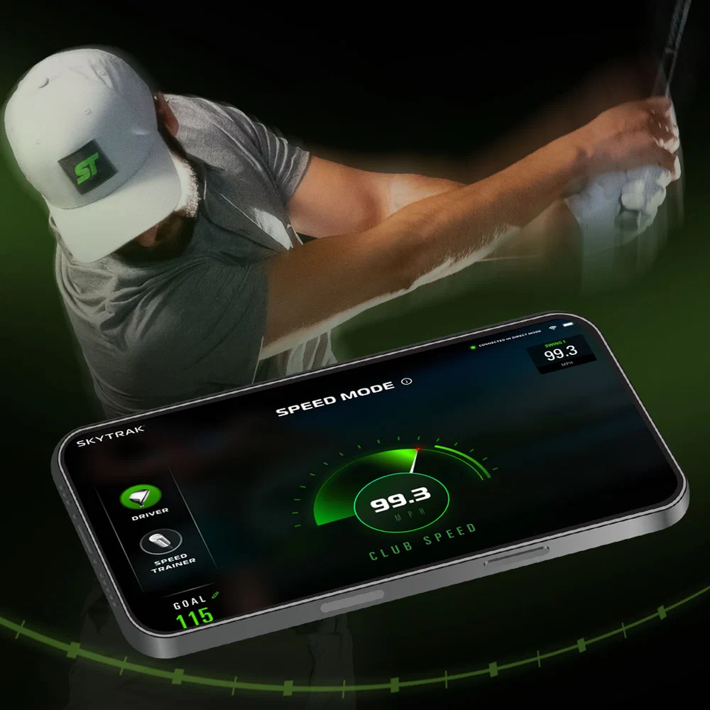 Golfer mid-swing with SkyTrak app Speed Mode screen illustrating Exclusive GOLFTEC Speed Training